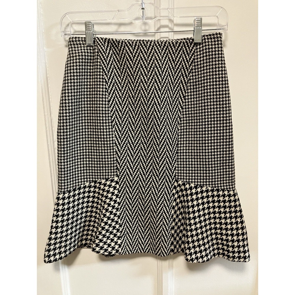 ANN TAYLOR Women's Polyester A-Line Skirt Lined Houndstooth Black White Sz 0 Pet